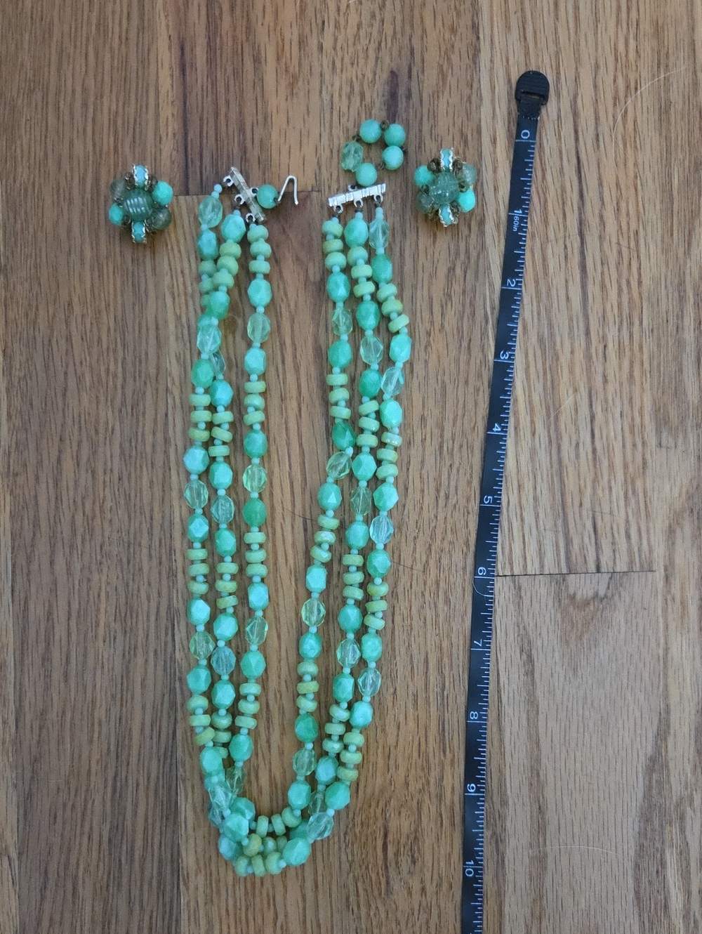 Green Multi-Strand Beaded Necklace and Clip Earrings Set - Hong Kong